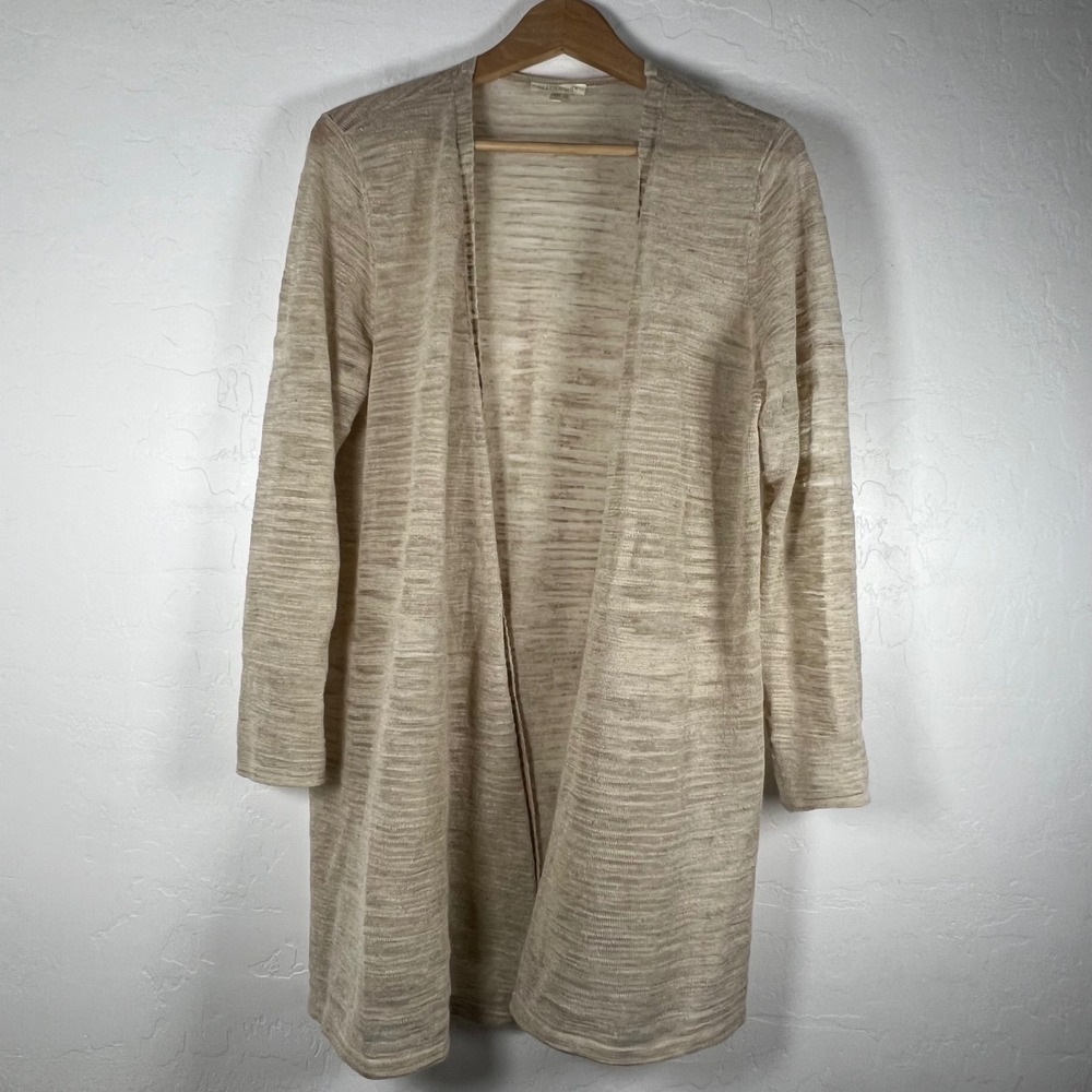 Eileen Fisher Linen Blend Open Front Duster Cardigan Sweater Beige Tan Medium